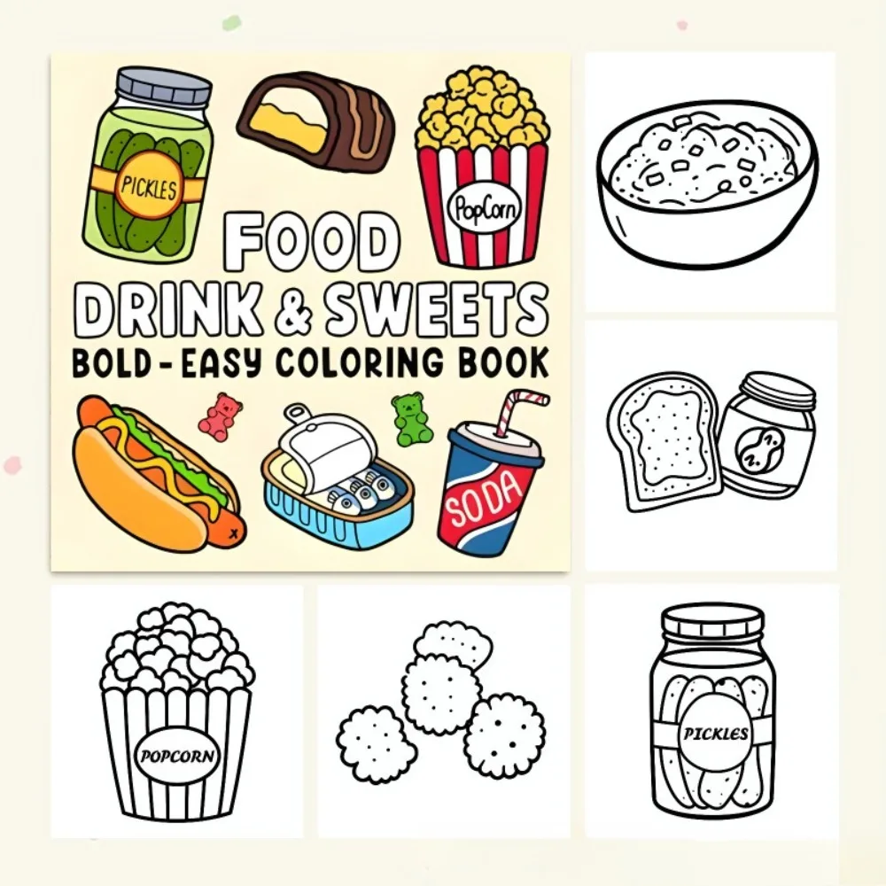 Food Drink Sweets Pickles Bold Easy Coloring Book Cute Kawaii Treats for Adults Stress Relief Relaxation Gift