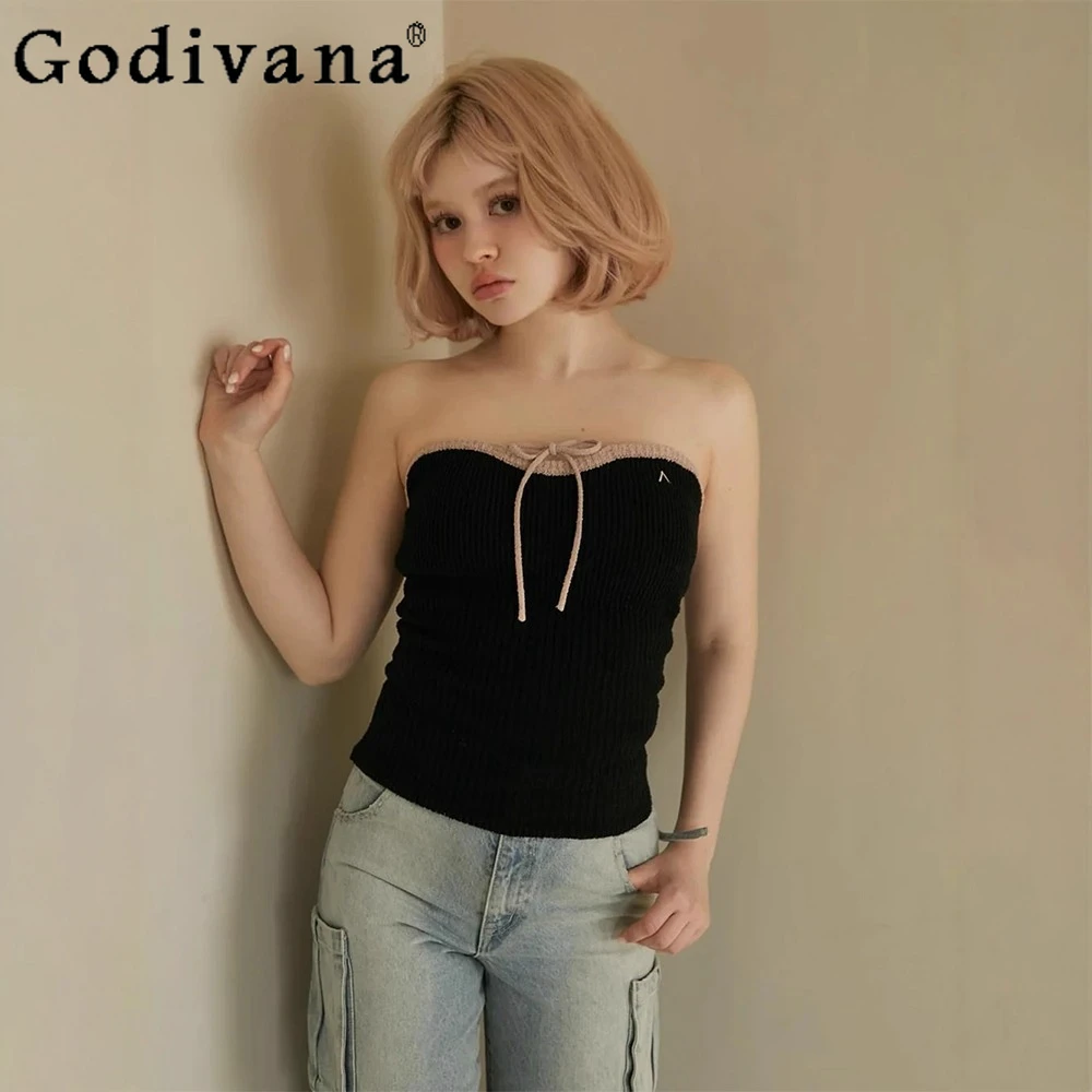 

Japanese Style Sweet Girl's Tube Top Knitted Camis Summer New 2025 Women's Slim Fashion Sexy Vest Ladies Sleeveless Top Tank