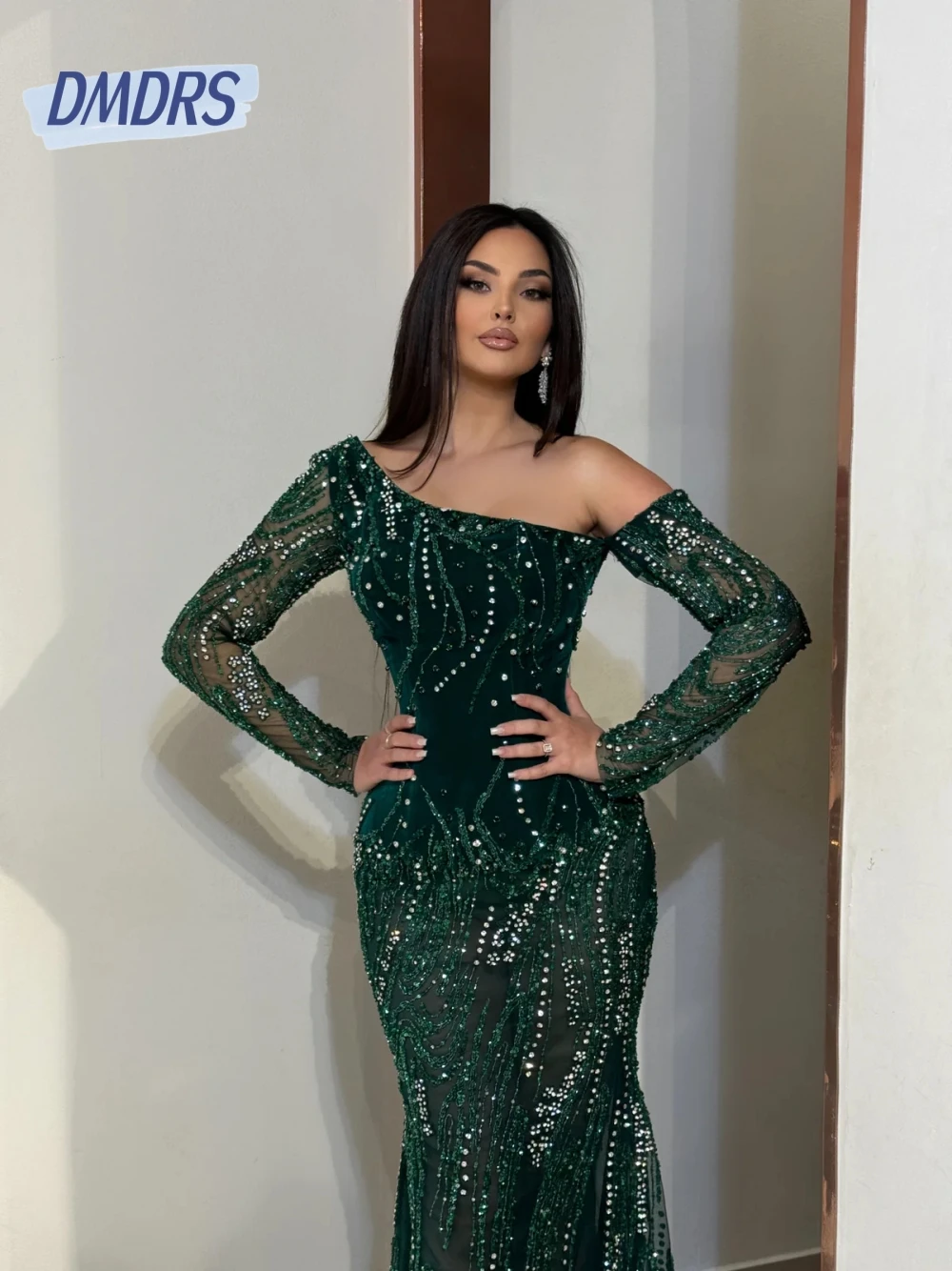 

DMDRS Dazzling Green Illusion Mermaid Evening Dress Popular Off Shoulder Charming Beading Formal Events Prom Wear Customized