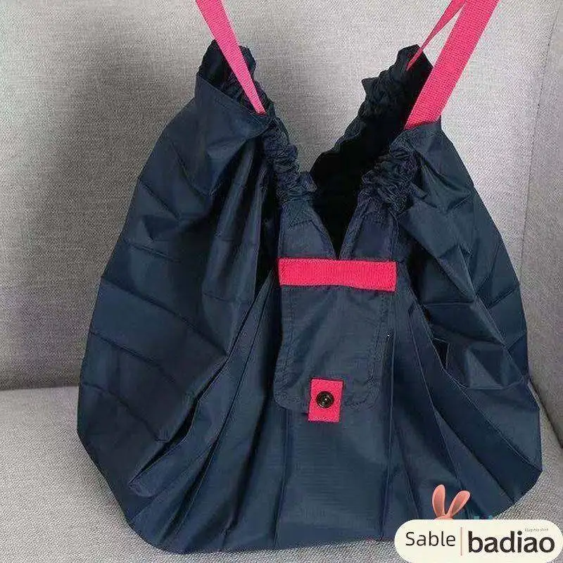 

Accordian Pleated Large Capacity Shopping Bag Nylon Cloth Zipper Eco-friendly Bag Double Handle Reinforced Japanese Style Bag