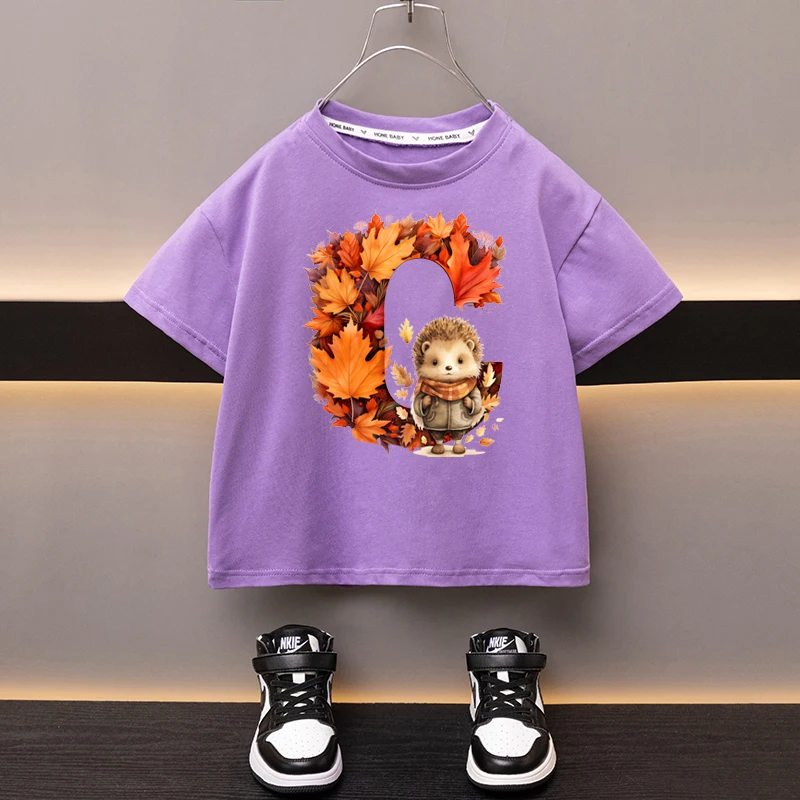 T-shirt à Manches Courtes avec Lettres C et Feuilles d'Érable pour Enfant, Vêtement Kawaii, Dessin Animé, Décontracté, pour Garçon et Fille, Nouvelle Collection 2024