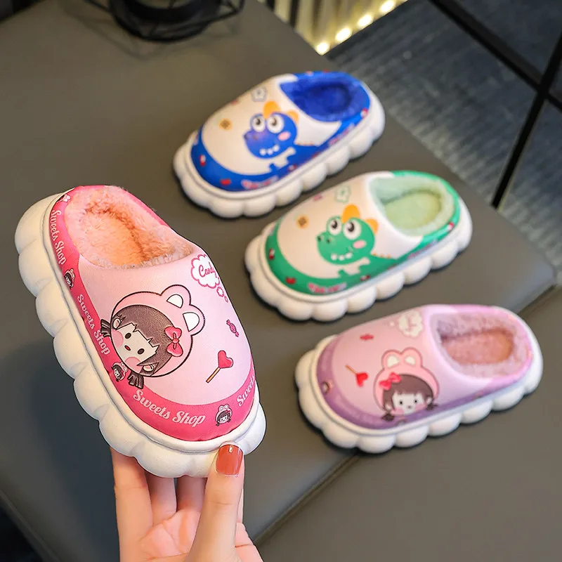 New Winter Waterproof Cute Cartoon Warm Indoor Mule Soft Non-slip Fluffy Slippers For Kids Boys Girls Children Home Cotton Shoes