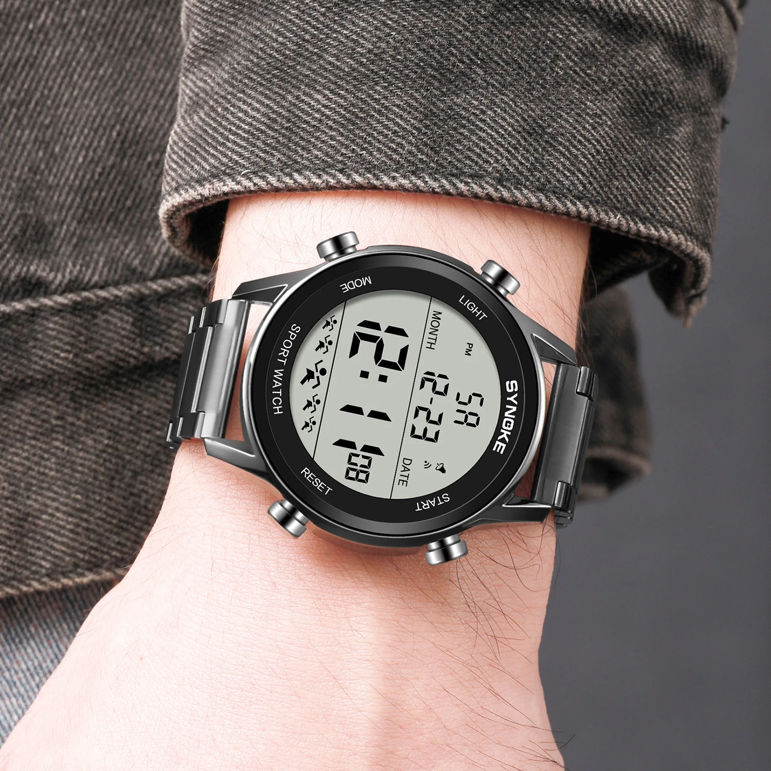 SYNOKE Stainless Steel Strap Digital Men\'s Watches Chrono Clock Waterproof Male Wristwatch Electronic Watches Relogio Masculino