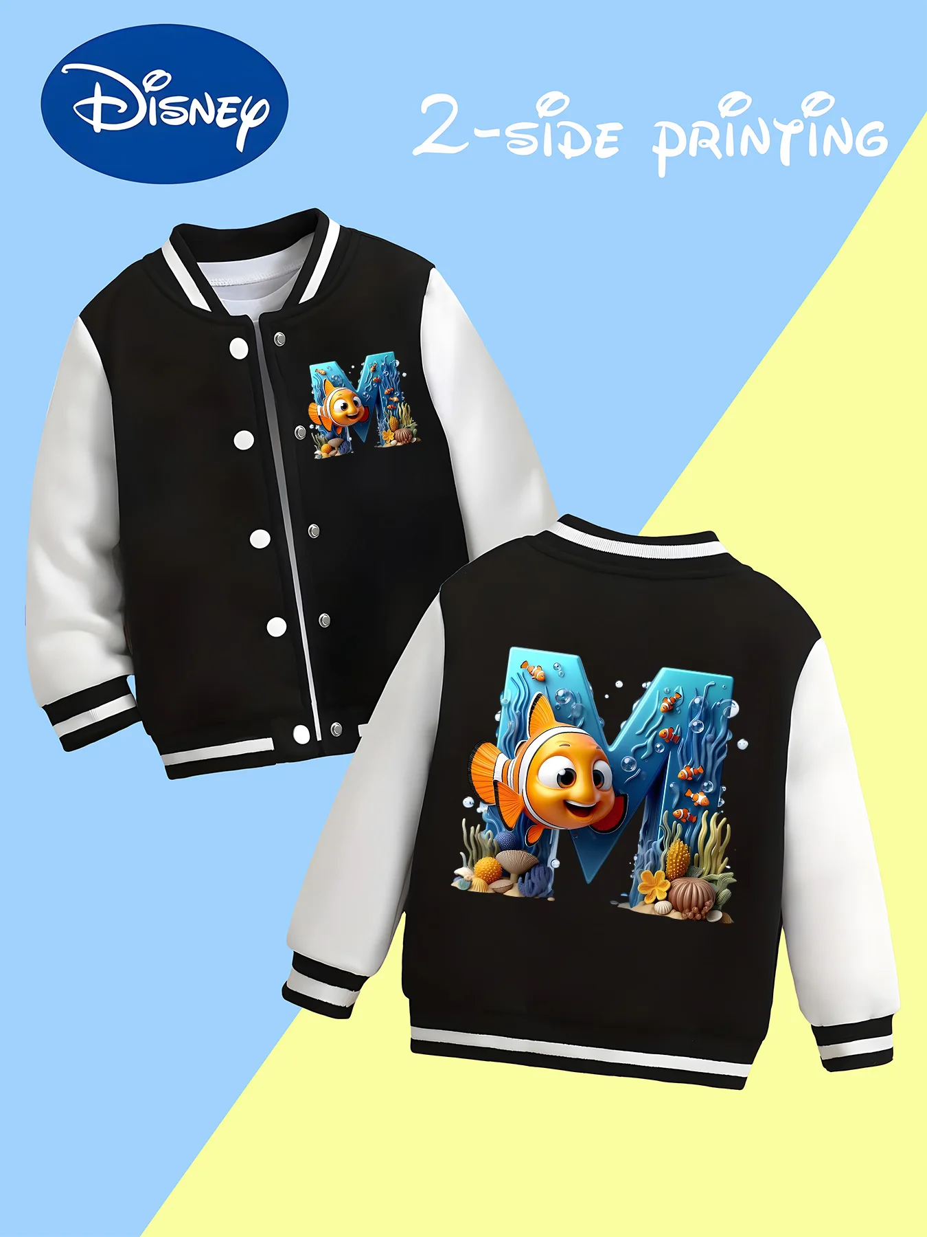 

MINISO Disney Clownfish Ocean Boys Baseball Jacket - Ocean-style letter "M" print, breathable, versatile, and comfortable
