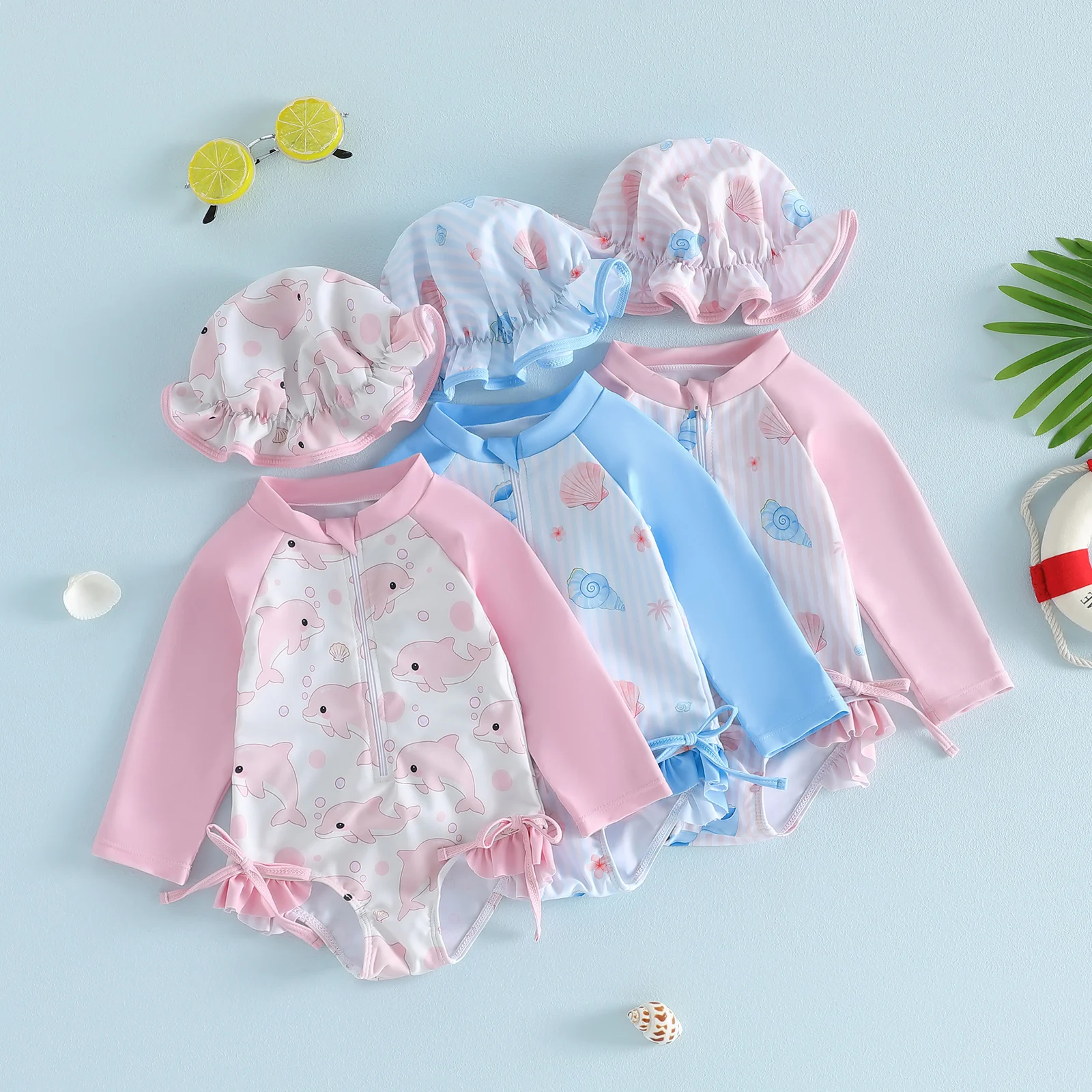 FOCUSNORM 0-3Y Lovely Toddler Baby Girls Swimsuit Set Seashell Flower Long Sleeve Rash Guard Bathing Suit with Sun Cap