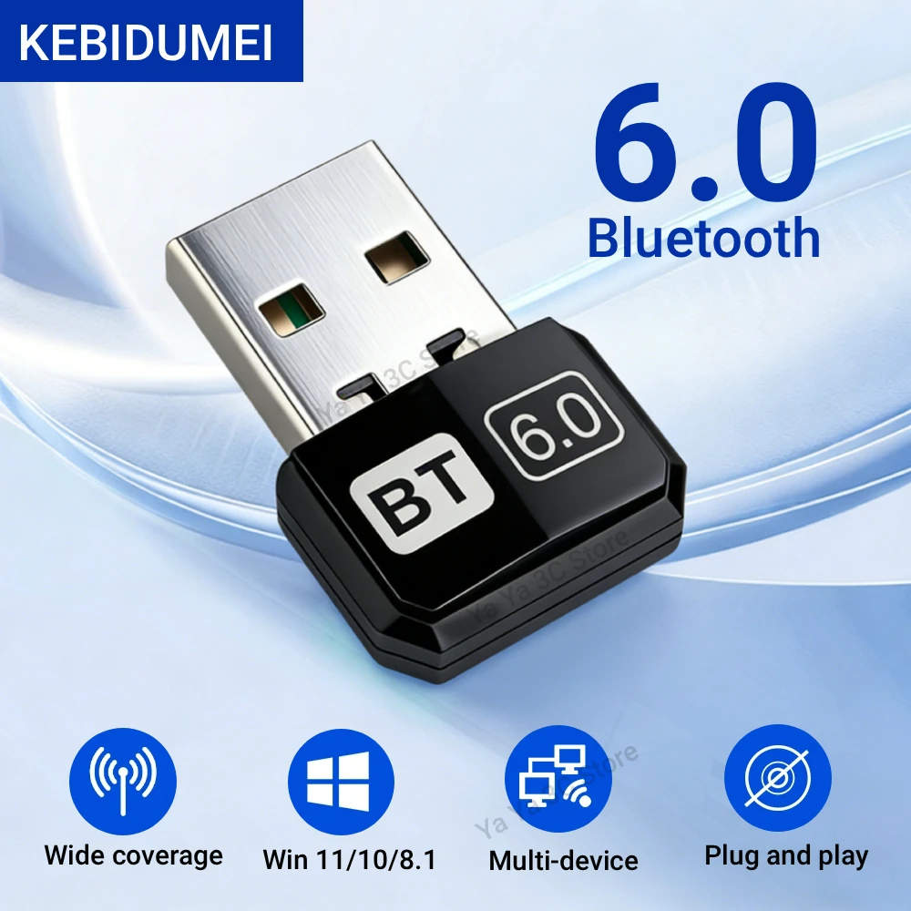 KEBIDUMEI Bluetooth 6.0 Adapter USB Bluetooth 5.3 Dongle for PC Wireless Mouse Keyborad Music Audio Receiver USB Transmitter