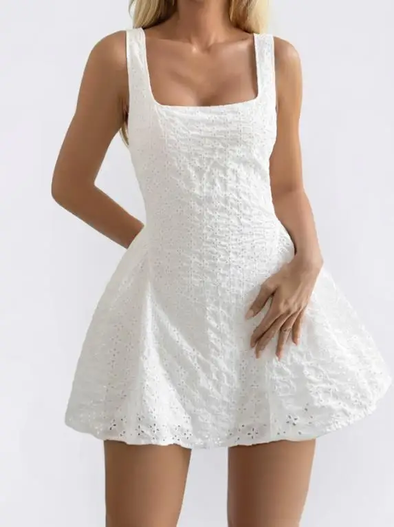 

2026 Spring/summer New Fashion Casual Women's Elegant Style Sexy Square Neck Hollow Embroidery Dress Female Clothing