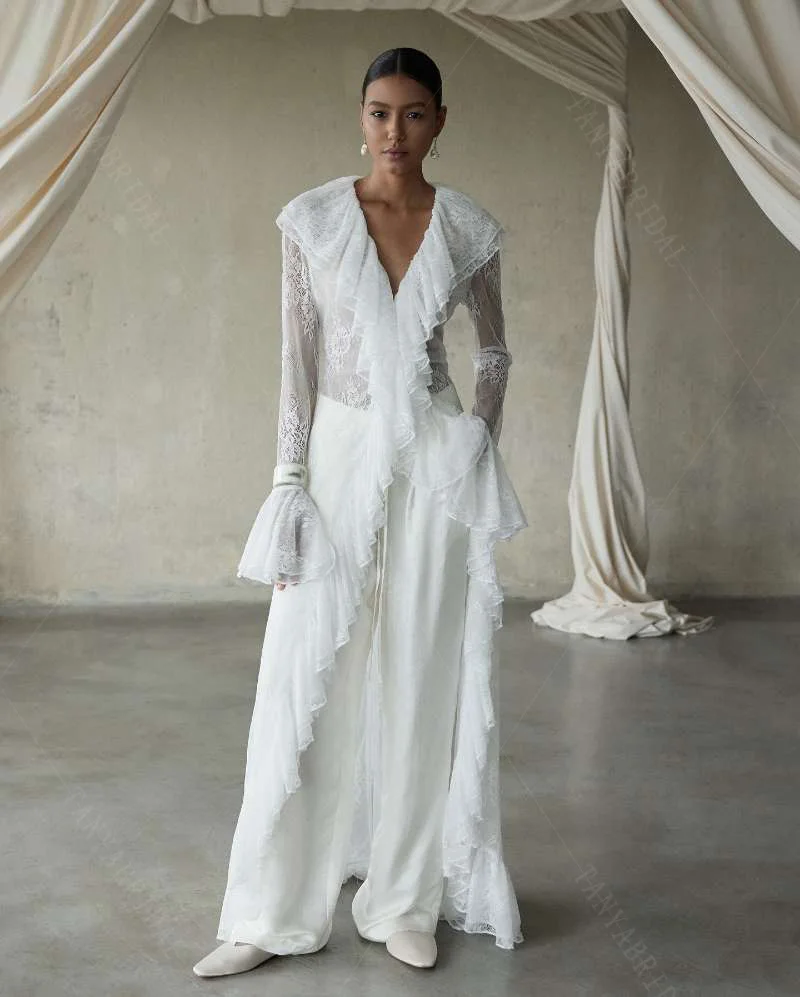 الكشكشة العميقة الخامس الرقبة الدانتيل الزفاف الرأس مع الشريط الطويل ، بلوزة الزفاف الجميلة ، معطف المرأة DJ500 #3