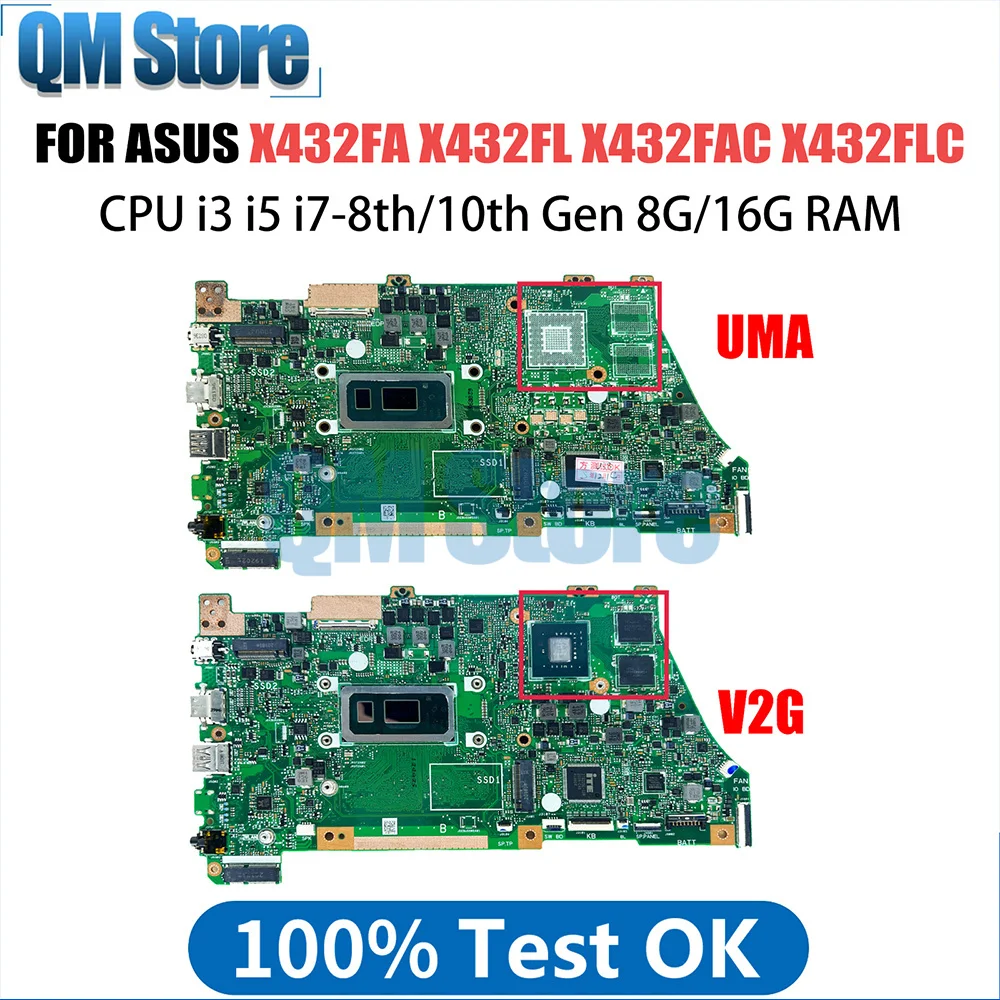 Notebook Mainboard For ASUS VivoBook X432FL X432FA X432FAC X432FLC Laptop Motherboard i3 i5 i7 8th 10th CPU 8GB 16GB RAM V2G UMA