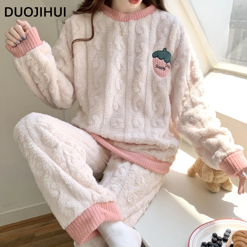 DUOJIHUI Sweet Print Contrast Color Female Pajamas Set Basic O-neck Pullover Loose Casual Pant Fashion Simple Pajamas for Women