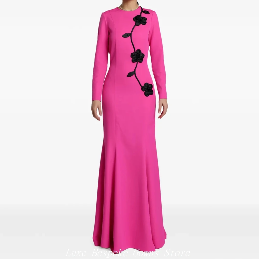 

Women's Formal Evening Gowns A-line Floor-length O-neck Full Sleeve Prom Dresses Fashion Flowers Beading Draped Customized Gowns