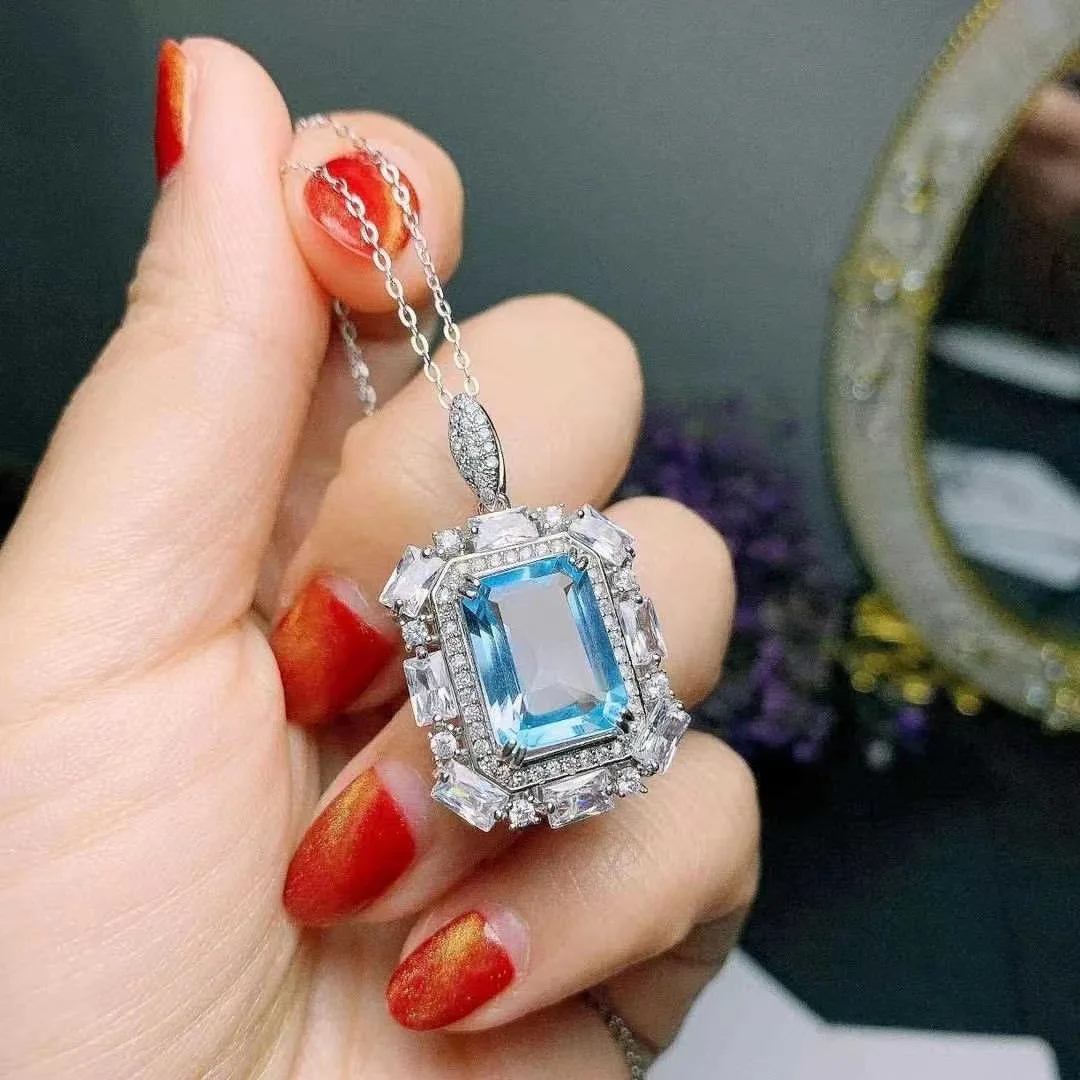 

Free Dropshipping Fashion 925 Silver Big Carat Natural Blue Topaz Diamond Pendant Necklaces Custom Gemstone Fine Jewelry Bijoux