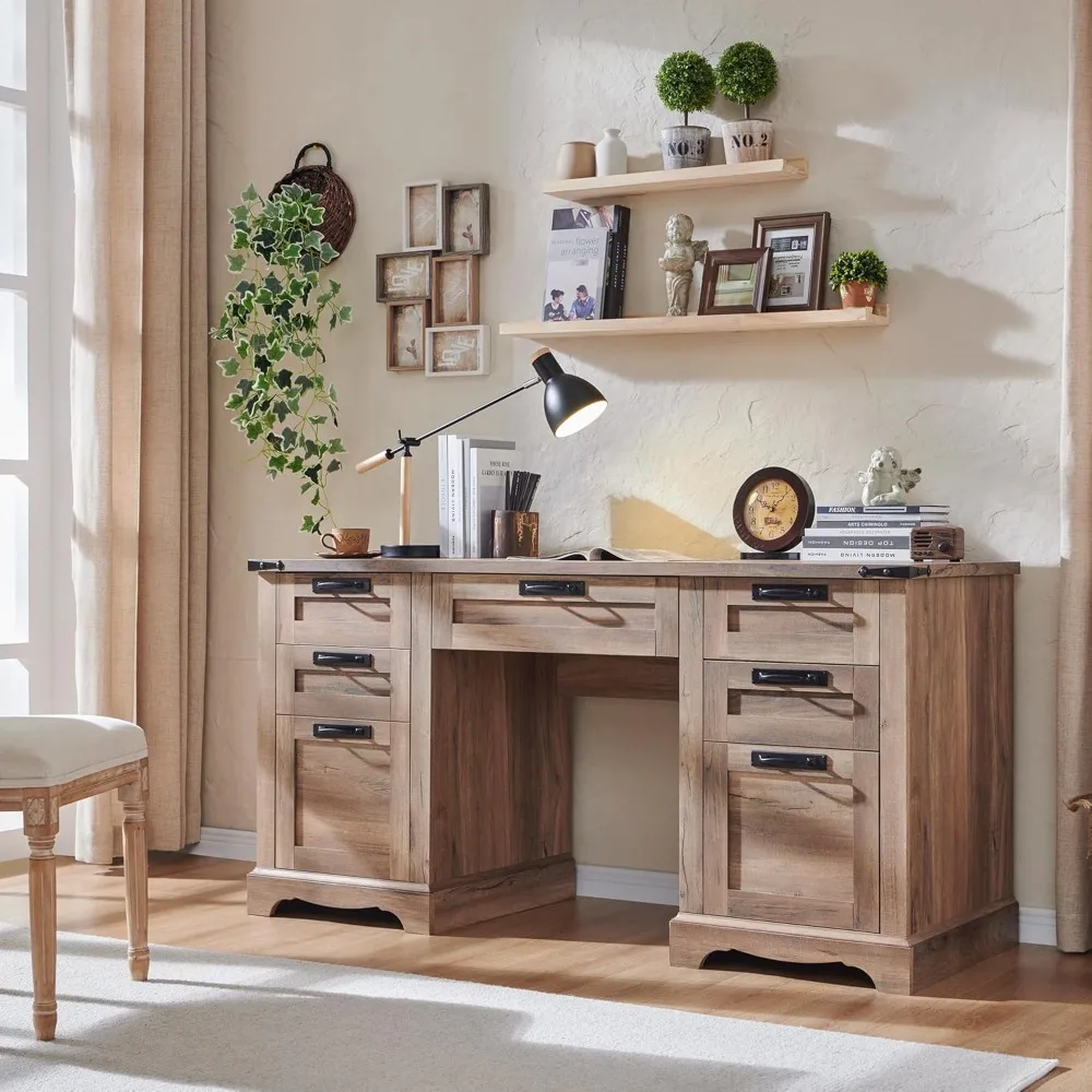 Farmhouse Executive Desk with Drawers, Wood Home Office Desk w/Charging Station, Keyboard Tray, File Drawer, Storage Cabinet