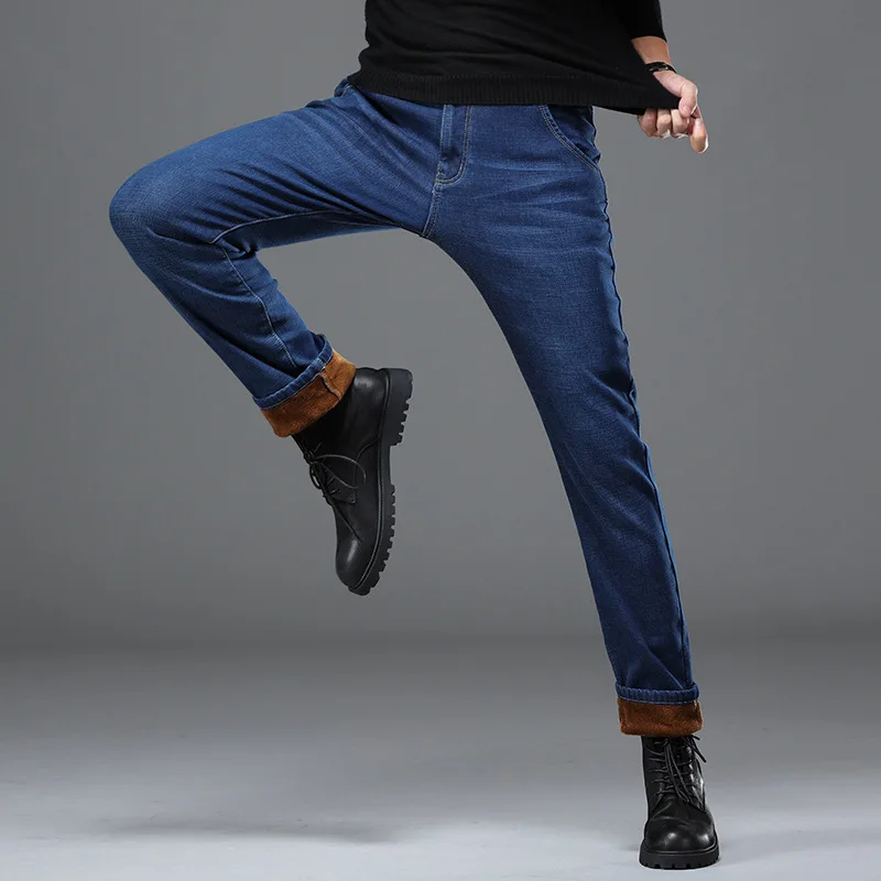 Winter Thermal Warm Flannel Stretch Jeans Men Quality Fleece Pants Men Straight Flocking Thick Trousers Men Jeans