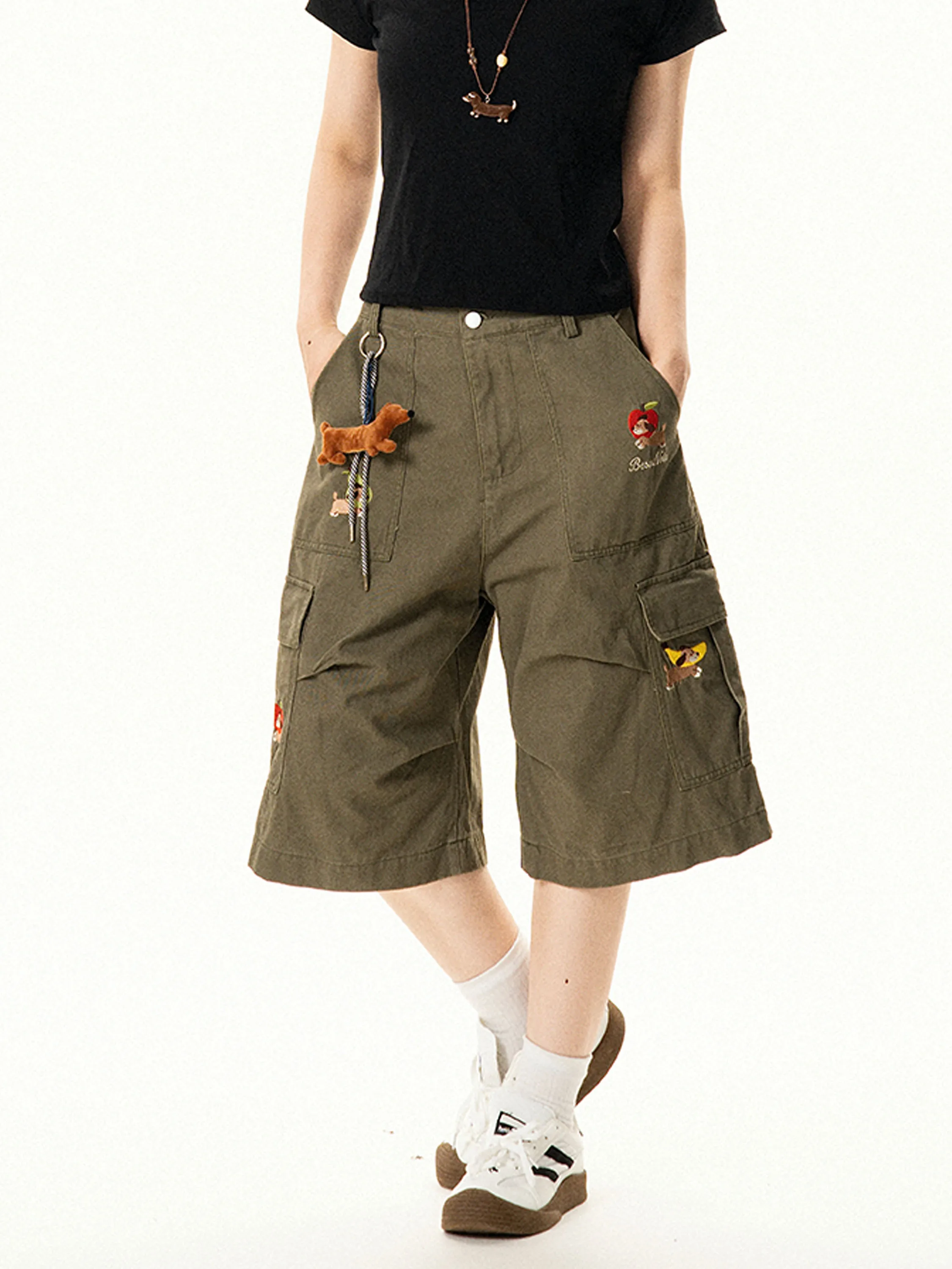 

Retro Design Embroidered Dog Workwear orts Women's Summer Loose Casual Wide Leg Pants Street Sle Neutral l Waist