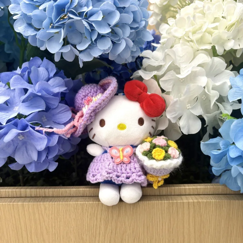 Genuíno bonito dos desenhos animados kawaii olá kitty diy fio roxo conjunto de tricô mão flor boneca de pelúcia chaveiro saco pingente brinquedo presente