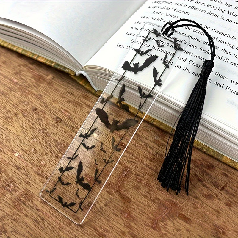 Custom Halloween Bat Acrylic Bookmark Personalized Photo Text Acrylic Bookmark Black Bat Tassel Gothic Bookmark Book Lovers Gift