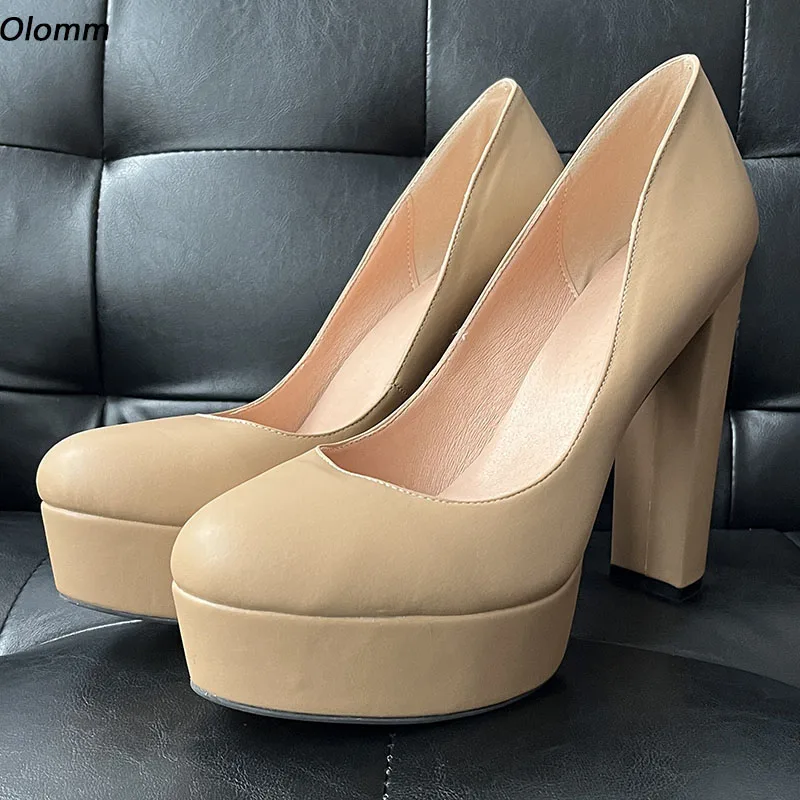 

Olomm Handmade Women Spring Pumps Slip On Chunky High Heels Round Toe Elegant Nude Party Shoes Ladies Plus US Size 5-20