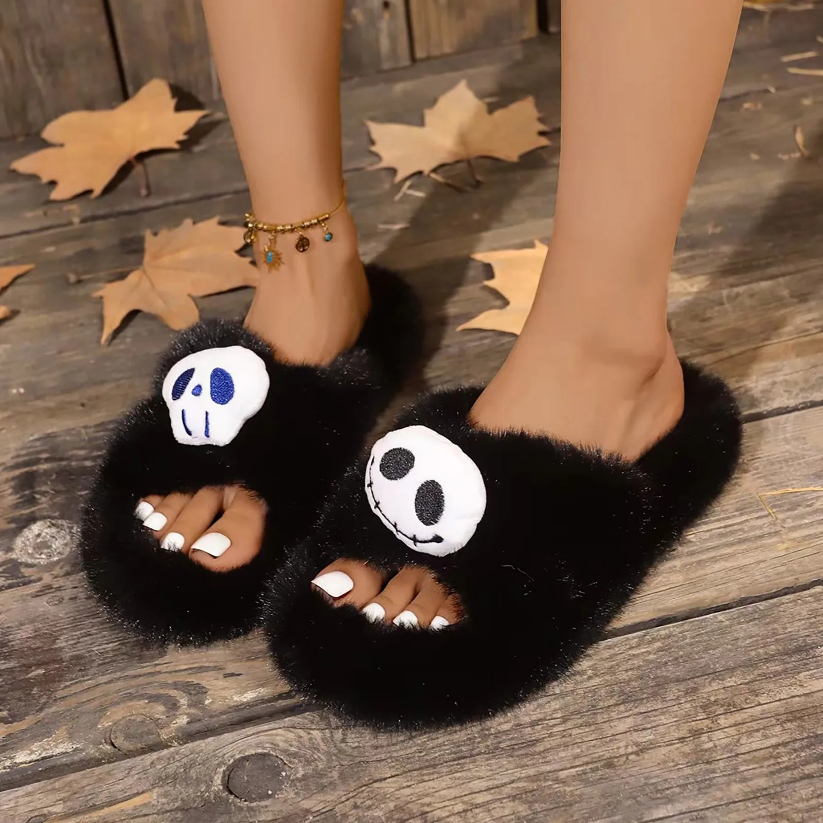 

Women Flat Slippers Spring and Autumn Fashion Open Toe Comfortable Breathable Cotton Slippers Hallowoon Skull Couple Slides