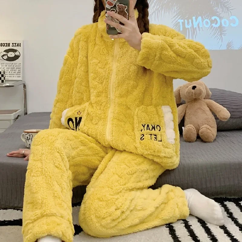 5XL Plus Size Winter Coral Fleece Thickened Pajamas Women\'s Korean Sweet Zip-up Flannel Warm Home Wear Loungewear Trouser Suit