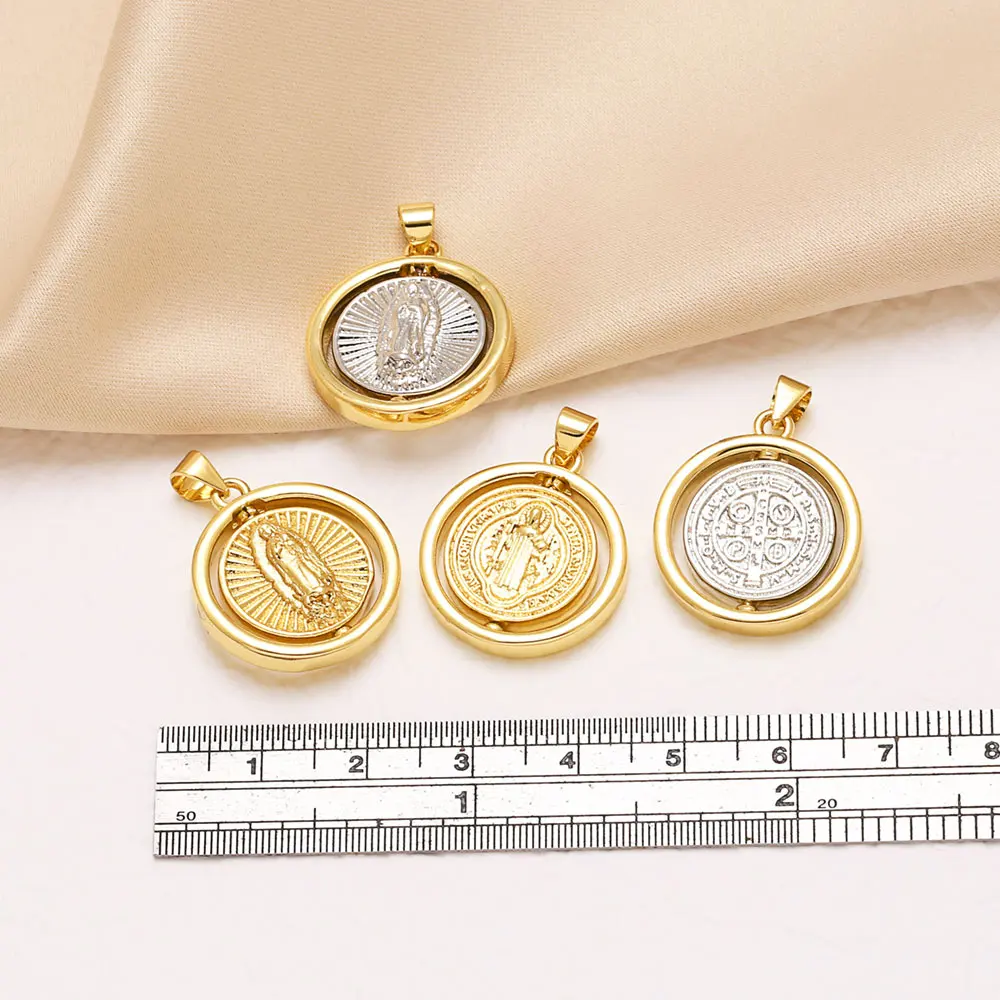 OCESRIO Trendy Rotate Virgin Mary Round Pendant for Necklace Copper Gold Plated Handmade DIY Jewelry Making Supplies pdta131