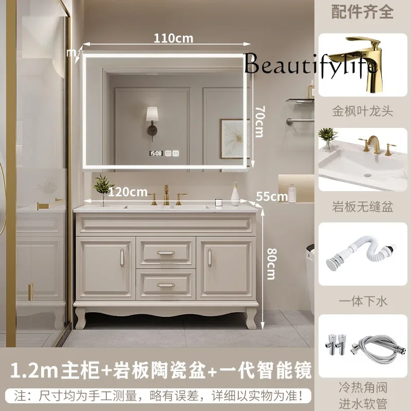 ตู้ห้องน้ำอเมริกัน BJ รุ่น Oak แบบสองอ่างล้างหน้า สีครีม พร้อมอ่างล้างมือแบบวางพื้น