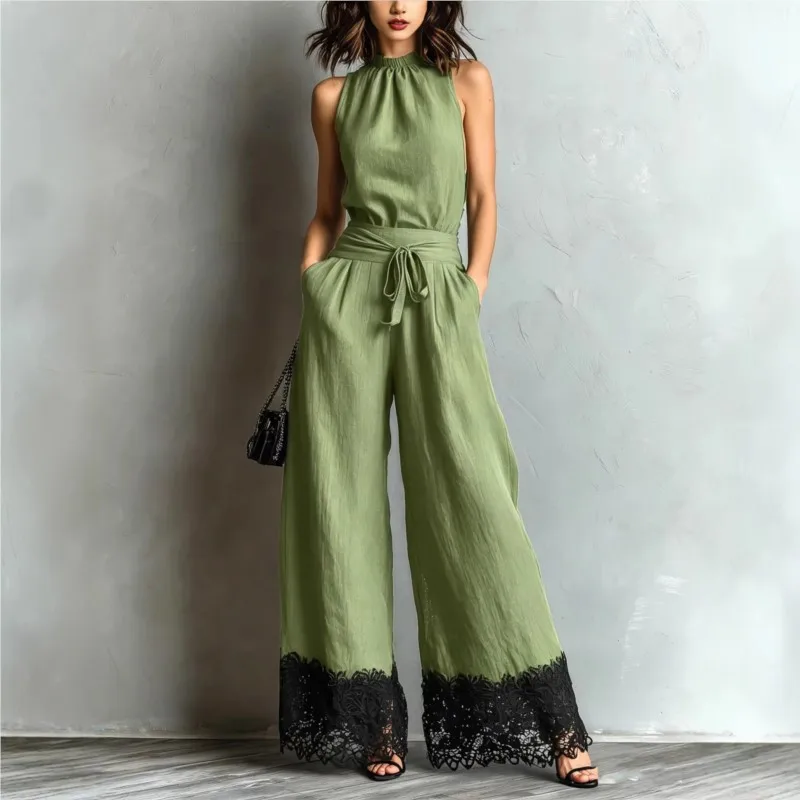 

Summer Solid Jumpsuit For Women Fashion Sleeveless Halter High Waist Lace-up Lace Splice Wide Leg Lady Beach Holiday Jumpsuit