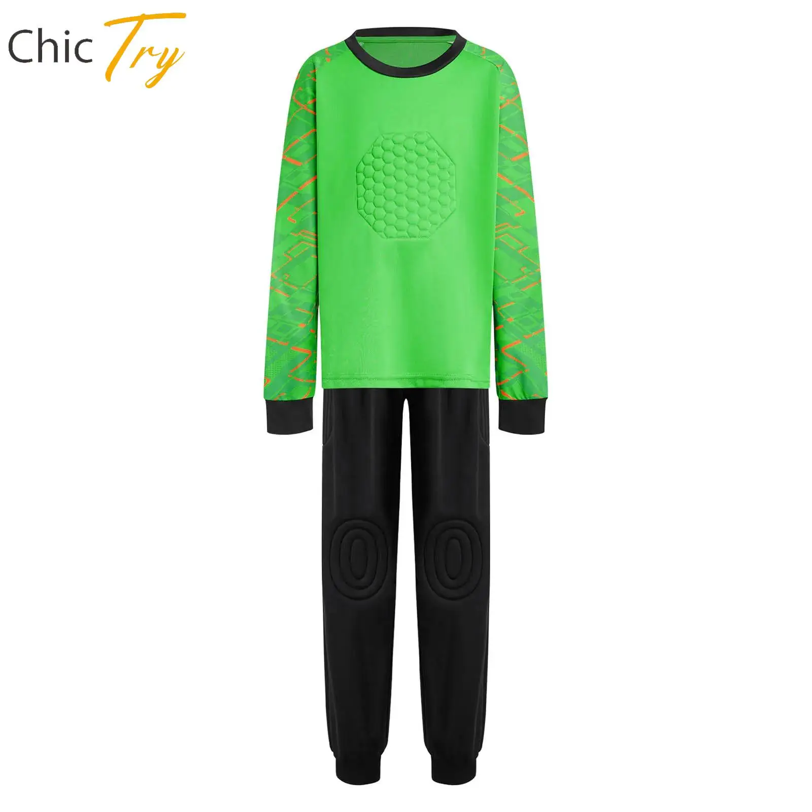 

Kids Teen Football Training Outfit Boys Girls Soccer Uniform Geometric Print Long Sleeves Goalkeeper Jersey And Pants Sportswear
