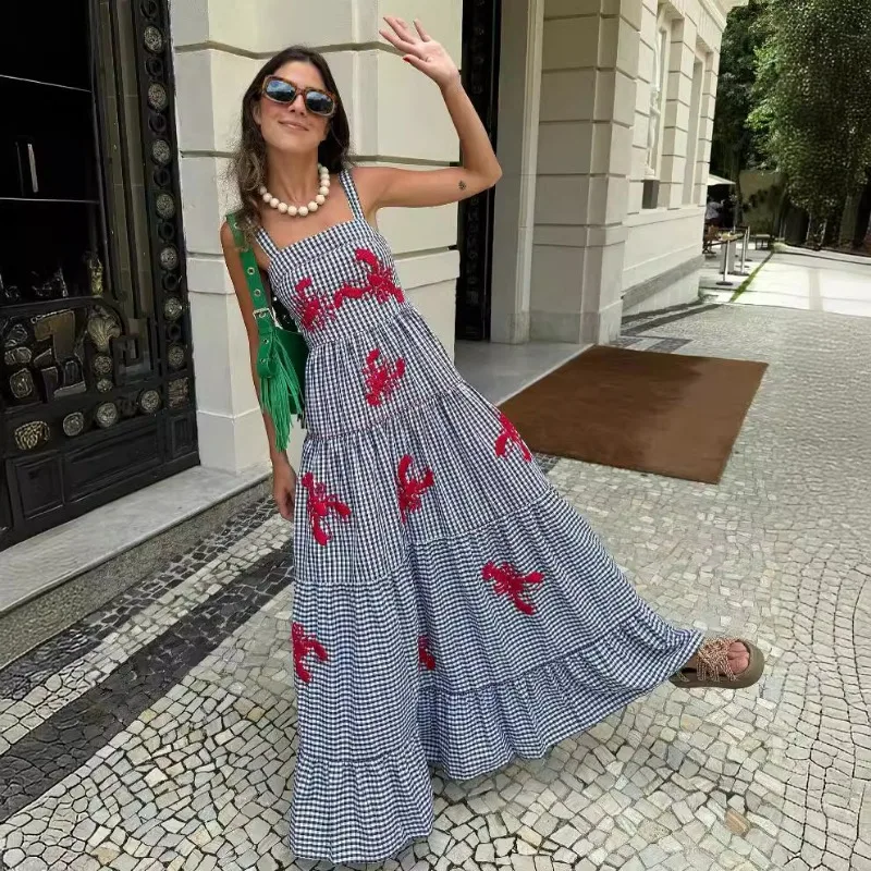 Plaid Slip Long Dress Woman Embroidery Ruffle Summer Dresses 2024 Sleeveless Beach Holiday Dress Women Casual Midi Dresses