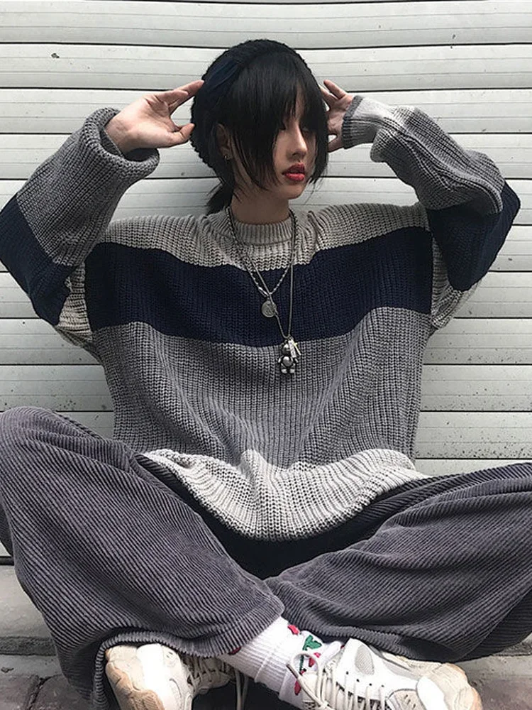 Autumn Winter Thick Sweater Women Striped Contrast  Ins Loose Round Neck Harajuku Knit Pullover Korean Streetwear Jumper