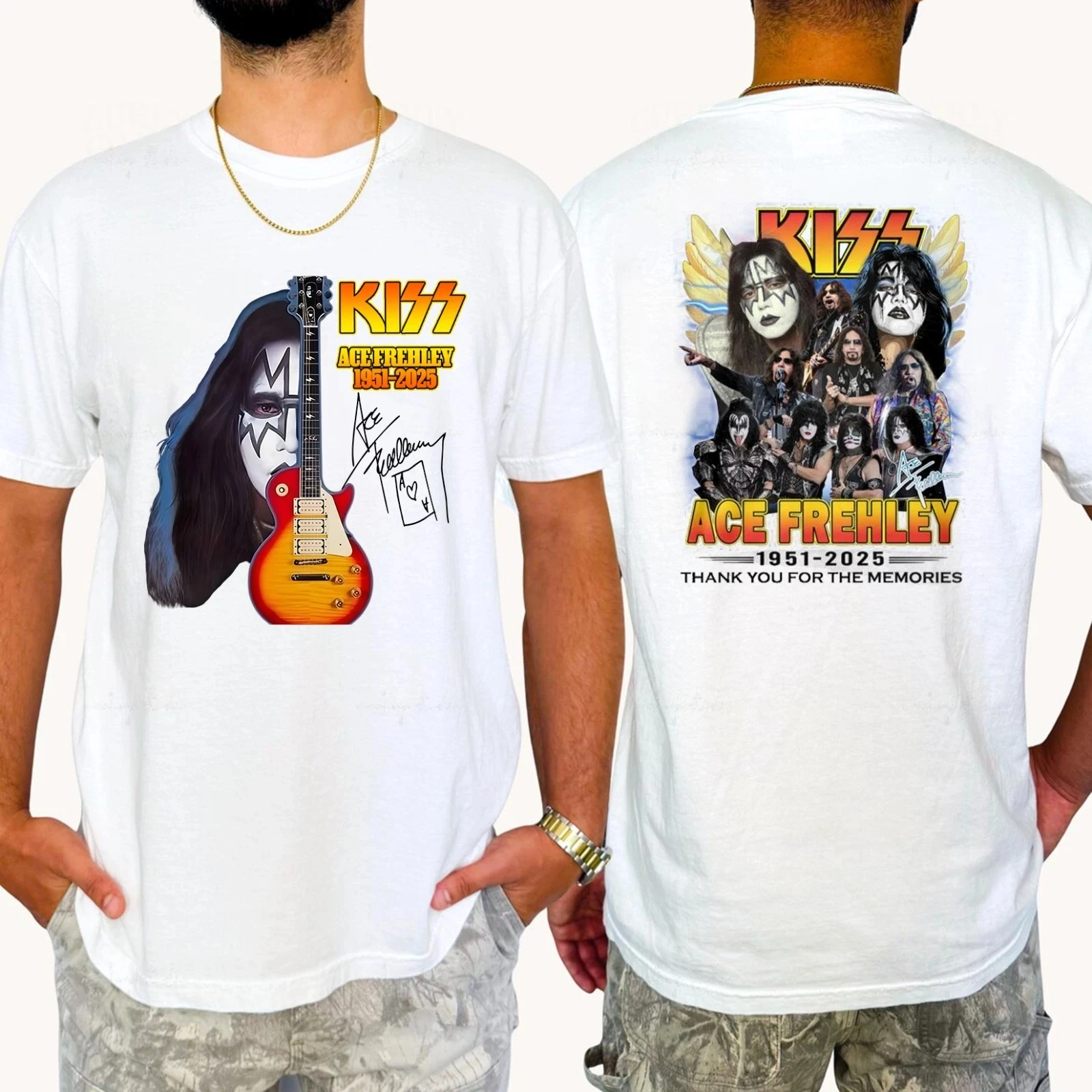 تي شيرت Ace Frehley Legendary 1951-2025 الجديد ذو التوقيع التذكاري متعدد الألوان الفاخرة الراقية لكل من الرجال والنساء قمة Y2k للصيف #1