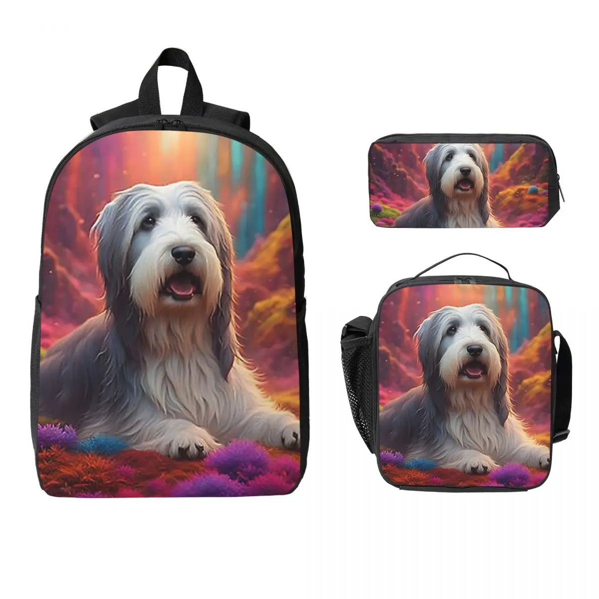 

Bearded Collie Dog In Colorful Nature Backpack BookBag School Bag Computer Shoulder Bags 3ps Insulated Lunch Bag Pencil Case