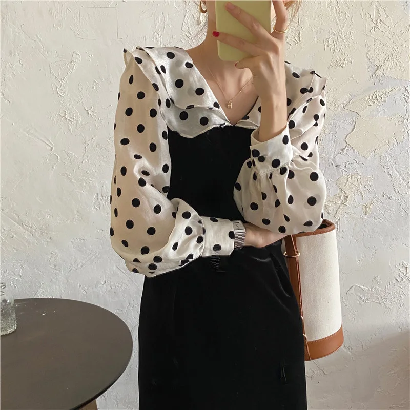 Ele Chic Gola Dupla Camada Polka Dot Veludo Bolha Sve Midi Dr Feminino Coreano Sle Cintura Solta Longo Sve Dr