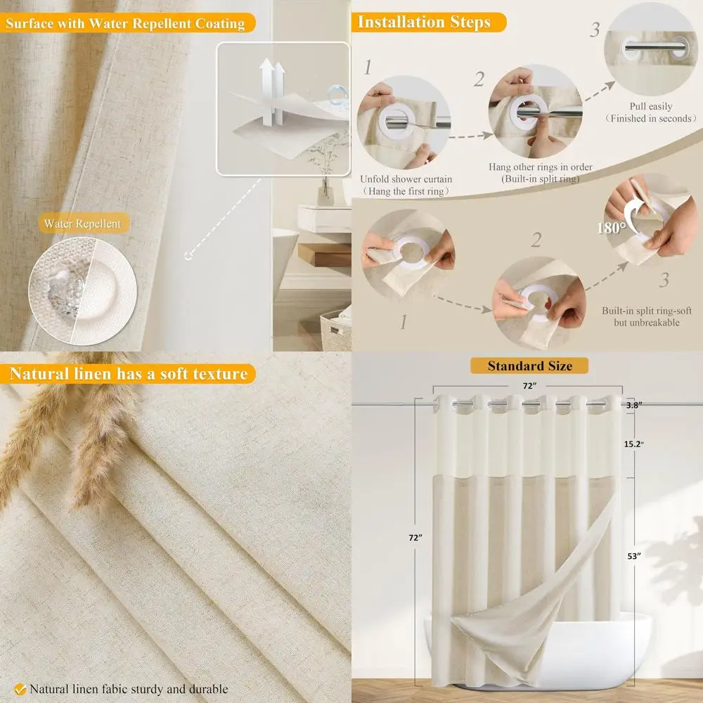 

Cream Linen Shower Curtain Set with Top Window, 72 x 72, Water-Resistant, Hotel-Style Luxury for Bathroom