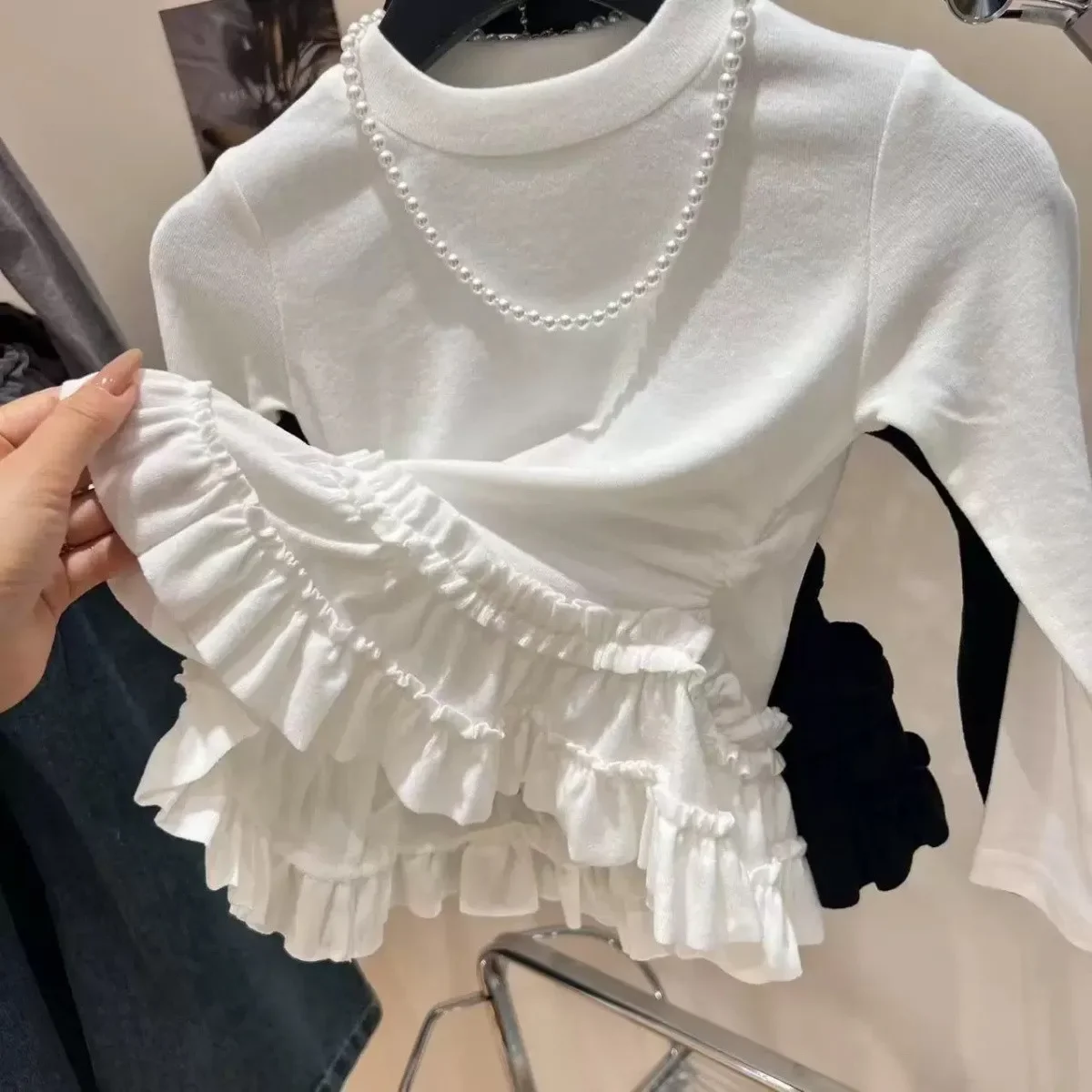 

2026 Spring and Autumn Girls' Layered Lace Bottom Shirt New Children's Baby Stacked Long Sleeve T-shirt