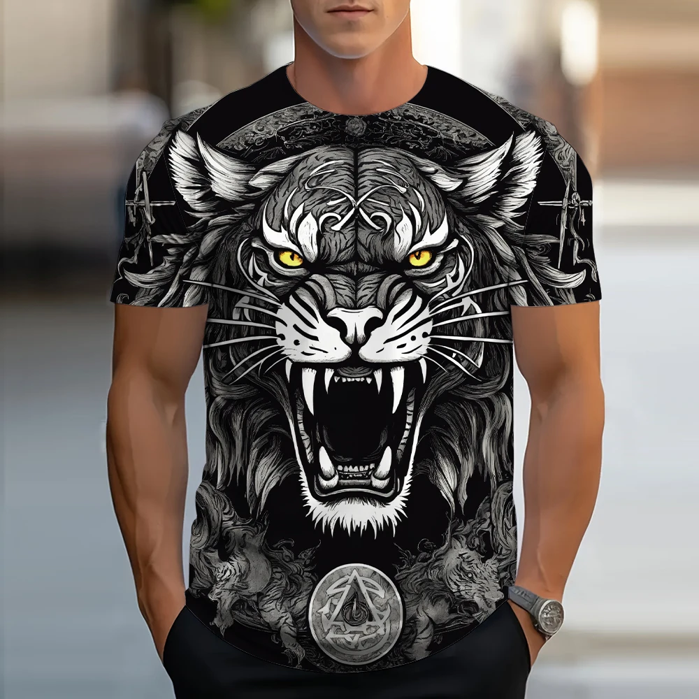 2024 New Leopard 3D Three Dimensional Printing Men's Summer Casual O Collar Pullover T Shirt Plus Size Mens Sports Short Sleeved