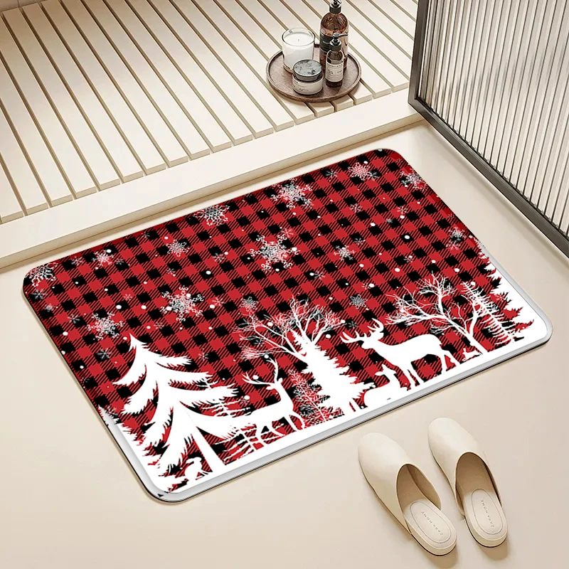 

Christmas Plaid Deer Tree Door Mat Non-Slip Absorbent Floor Rug for Home Holiday Entrance Decor