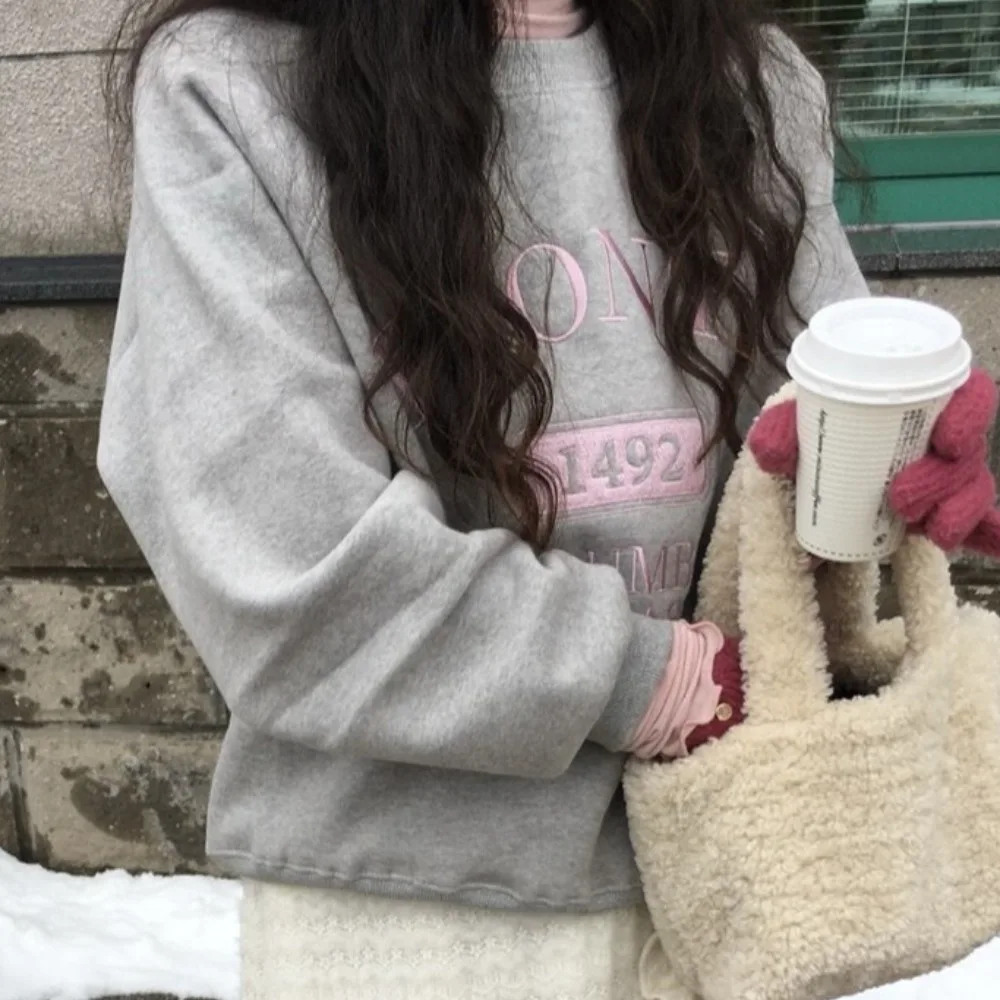 Chic Autunno Inverno Fce Foderato Lungo Sve Lettera Ricamata Felpa da Donna Design Vintage Senso Rosa Riduzione dell'età