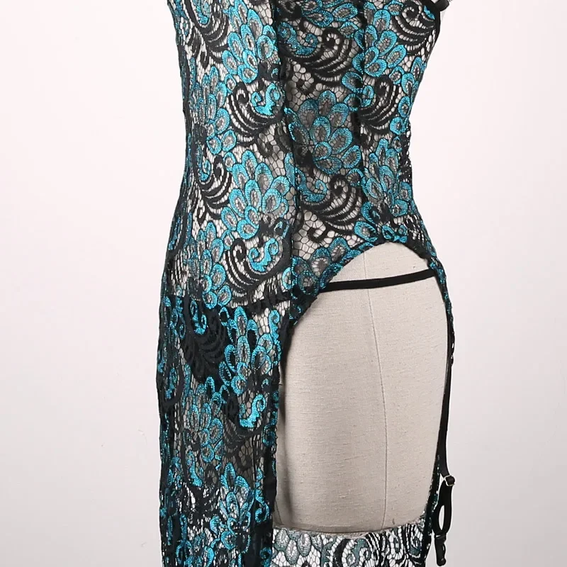 女性のためのエロティックな透かし彫りのベビードール,孔雀の刺繍が施されたセクシーなランジェリードレス