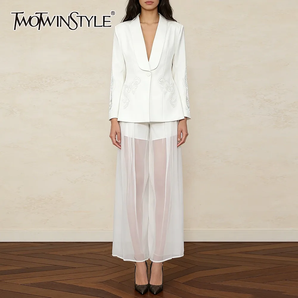 

TWOTWINSTYLE Solid Spliced Embroidery Two Piece Set Female Lapel Long Sleeve Jacket Intellectual French Women's Skirt Set New