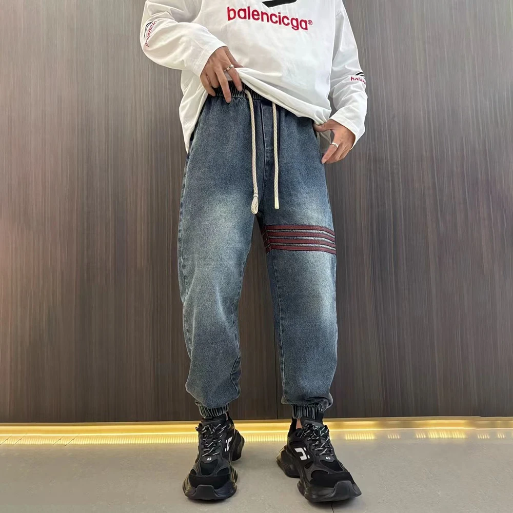 Men Plus Velvet Jeans Striped Contrast Color Casual Pants Autumn Streetwear Fashion All-Match Leggings  Male Men'S Clothing 2024