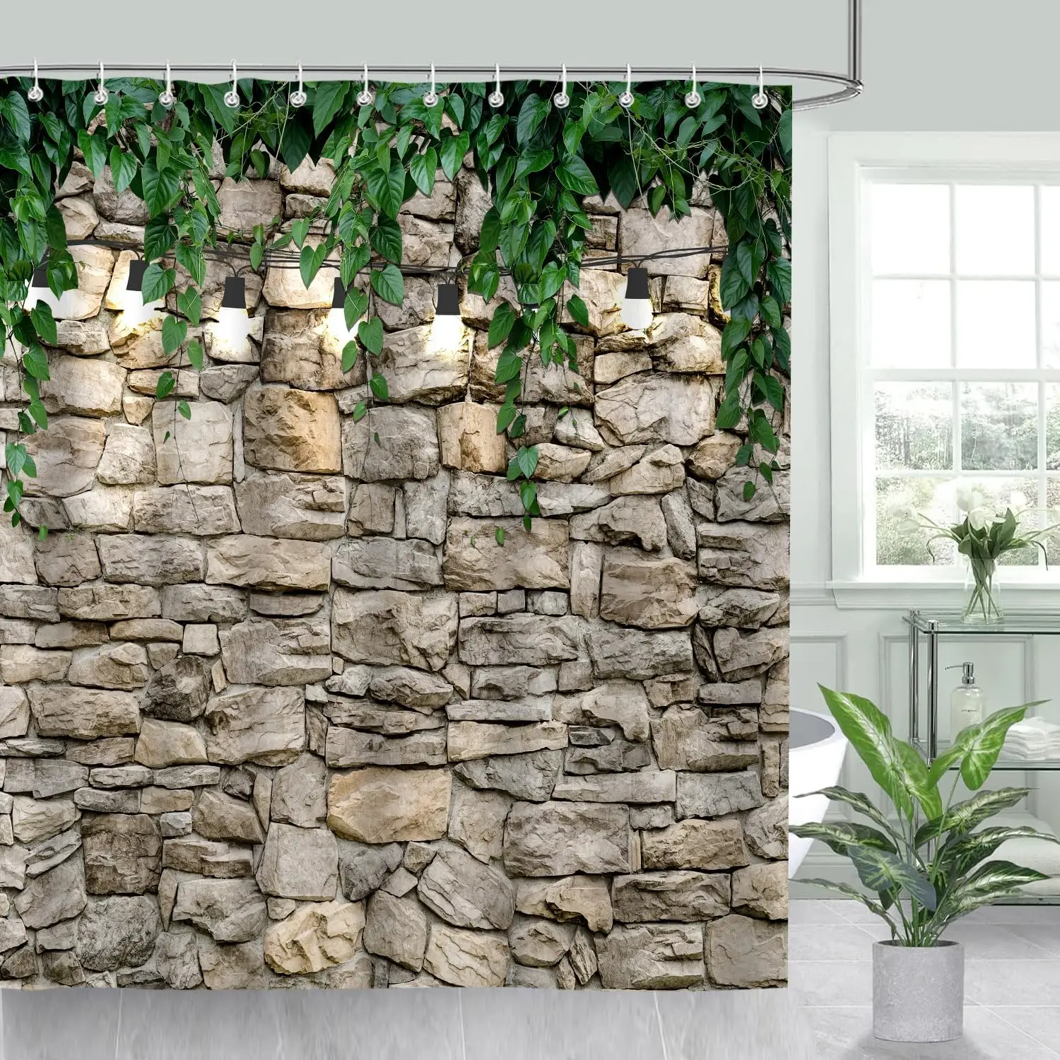 

iTapnoom Vintage Stone Wall Shower Curtain, Green Plant Leaves Rustic Farmhouse Country Fabric Shower Curtain Set for Bathroom D