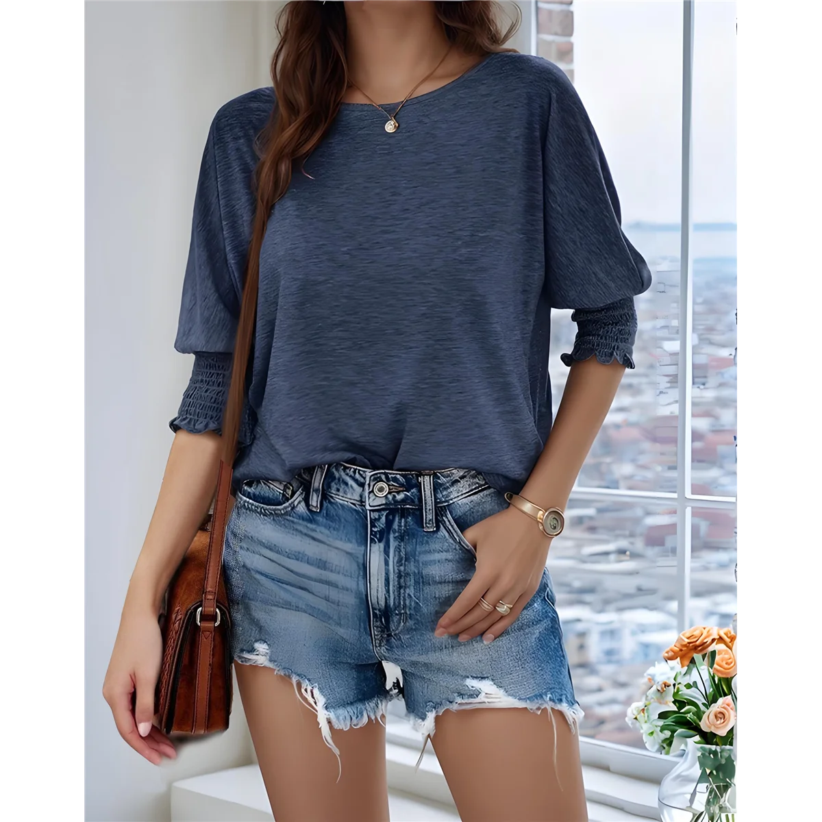 

CYL-Women Lightweight Crew Neck Casual Tunic Tops Dark Blue XXL