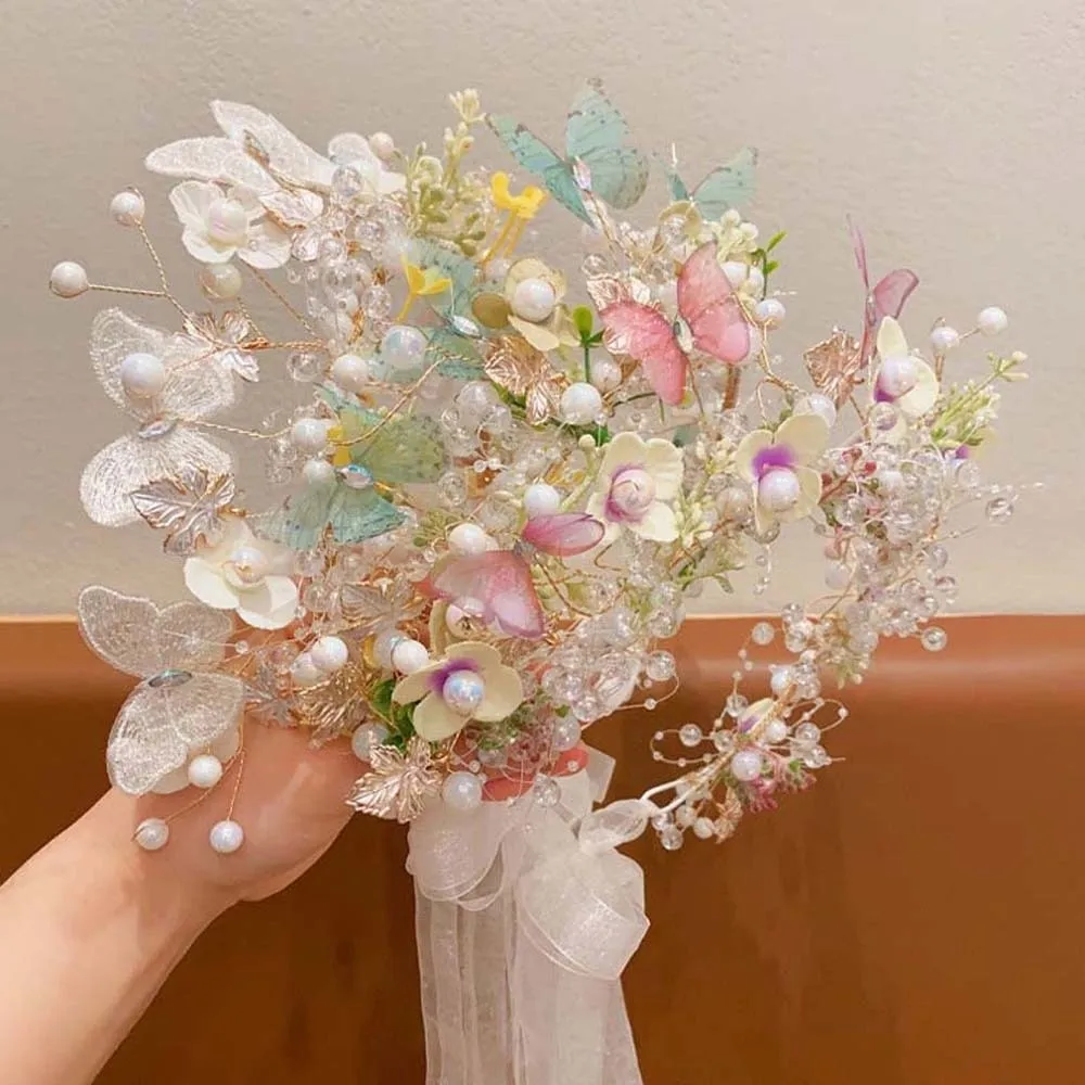 

Bohemia Style Butterfly Fairy Hair Hoop Beads Silk Ribbon Flower Headdress Simulation Flower Hair Ornaments Wreath Headband
