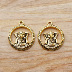 10 Pieces Tibetan Gold Color Ganesha Elephant God of Beginnings Round Charms Pendants for Necklace Jewellery Making Accessories