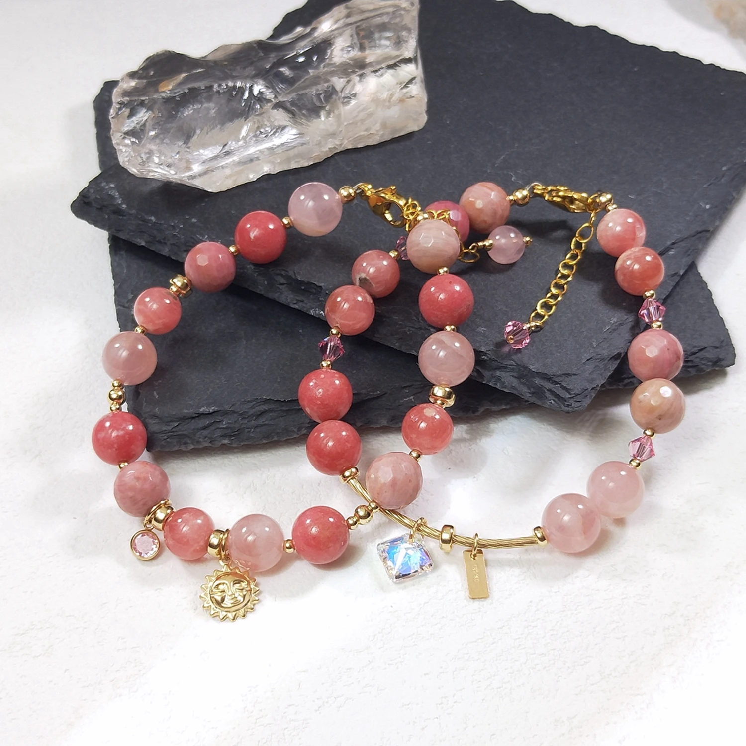 

Lii Ji Natural Rose Quartz Rhodochrosite Thulite Rhodonite 8mm American 14K Gold Filled Charm Bracelet Handmade Fashion Jewelry