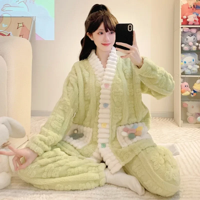 5XL Plus Size Winter Warm Sleepwear Women Korean Sweet Pajamas Set Nightwear Flannel Cardigan Night Wear Home Clothes Outfits