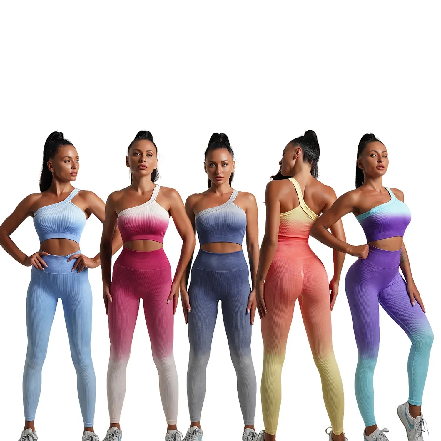 Seamless Gradient Yoga Sets Sports Fitness High Waist Hip-Lifting Pants Long-Sleeved Suits Workout Gym Leggings Sets for Women