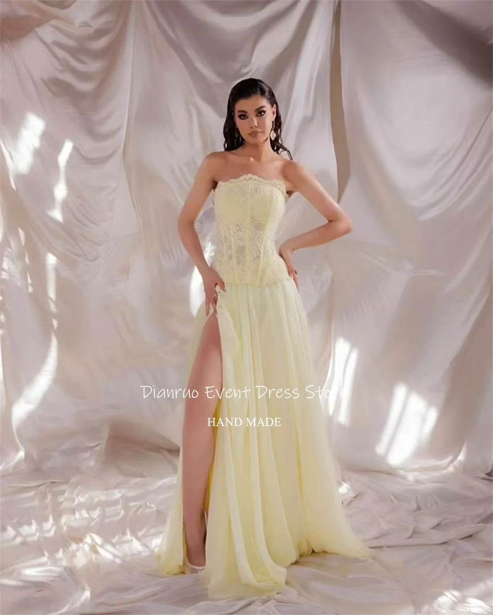 Dianruo elegante longo a linha vestidos de noite dividir amarelo chiffon vestidos de baile sem alças até o chão robes de soirée personalizado