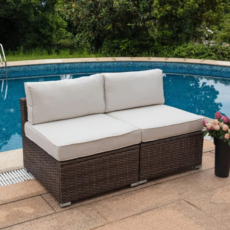 2Piece Outdoor Furniture Addon Armless Chairs with Thick OffWhite Cushions for Expanding Wicker Sectional Sofa Set Ideal for Ga